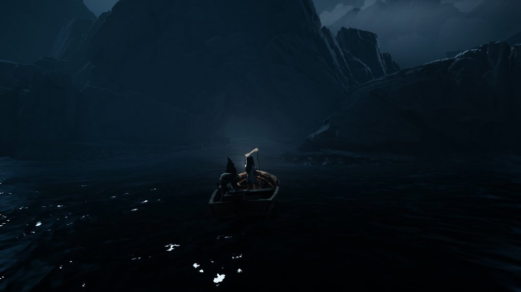Die Kinder befinden sich auf einem Boot auf dem Meer vor einer Höhle.