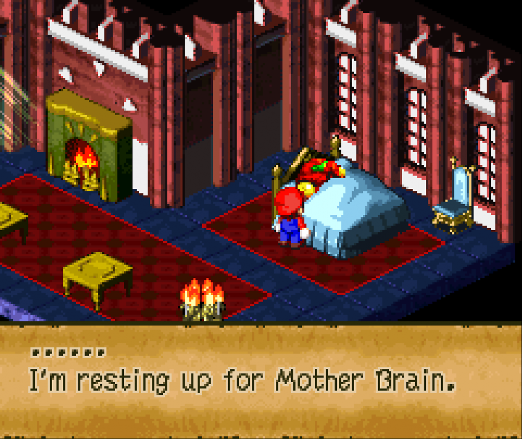 'Ich tanke Kraft für Mother Brain': In Super Mario RPG feiern zahlreiche Nintendo-Figuren (wie die Metroid-Heldin Samus Aran) gut getarnte Gastauftritte.
