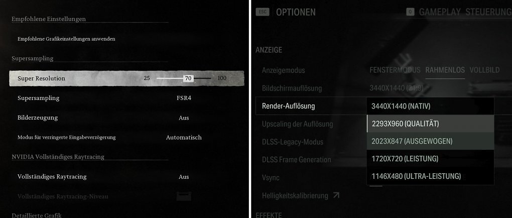 FSR-Optionen: Links Black Myth Wukong, rechts Alan Wake 2
