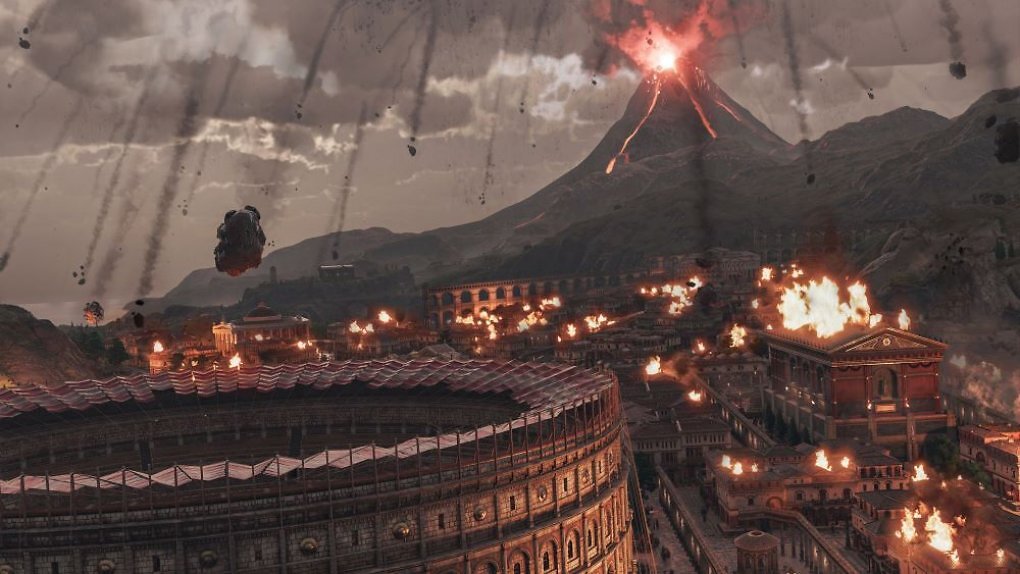 Eine römische Stadt in Anno 117. Unten links steht ein Kolosseum. Im Hintergrund spuckt ein aktiver Vulkan.