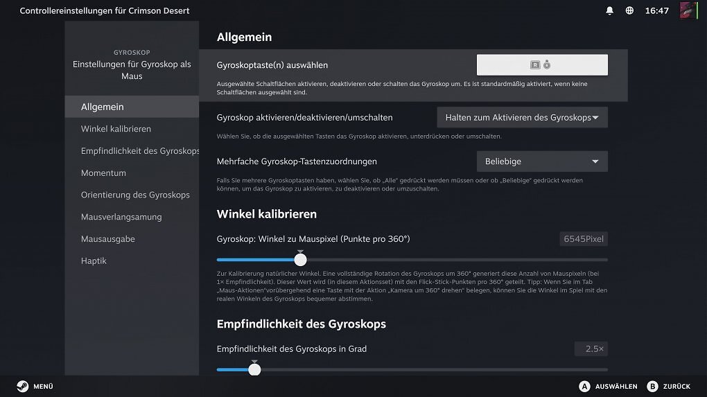 Hier seht ihr den Anfang des Optionsmenüs für die Gyroskop-Maus. Die Tooltips bemühen sich, euch die unfassbare Menge an Einstellmöglichkeiten zu erklären, was aber nicht immer gelingt - Probieren geht über Studieren.