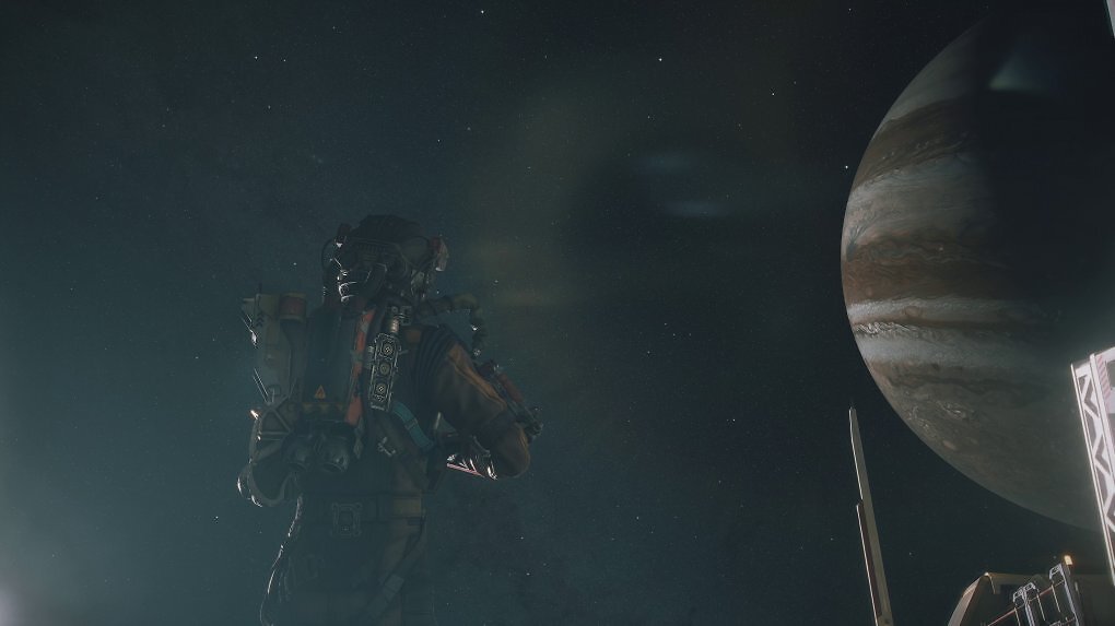 Als wir das erste Mal in der Beta in den Weltraum hinaustreten, begrüßt uns ein beeindruckender Blick auf die Sterne und den riesigen Jupiter im Hintergrund.