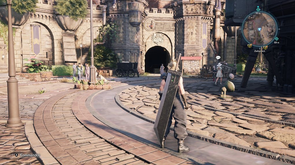 In der Stadt Kalm fallen weniger schöne Texturen, reduzierte Details und die nicht vorhandenen Animationen von entfernten NPCs besonders auf.