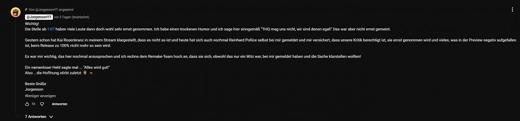 Ein angepinnter Kommentar unter der Reaction von Jorgenson zum aktuellen Gameplay