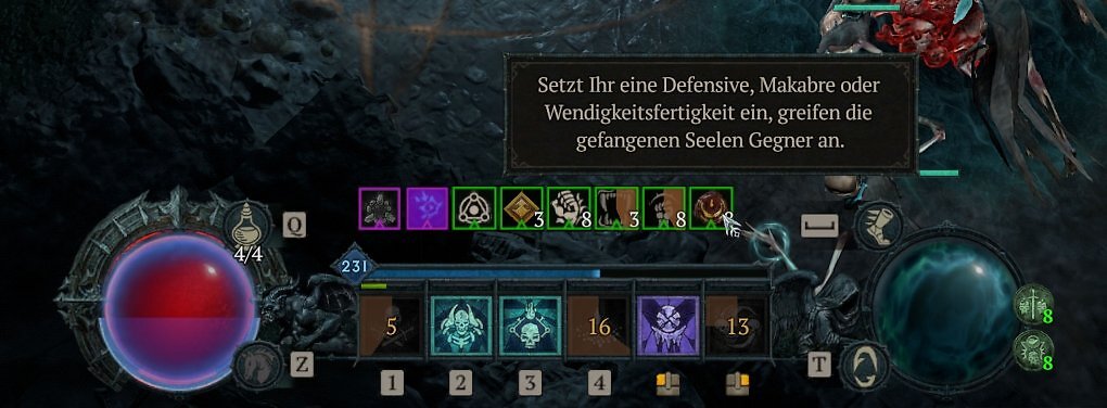 Diablo 4 Totenbeschwörer Buff-Leiste Detail-Screenshot mit Tooltip zu gefangenen Seelen und dem Stapel-Buff 8 über dem Fertigkeiten-Interface.