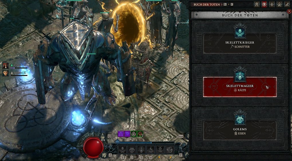 Diablo 4 Buch der Toten Menü-Screenshot mit aktivierten Skelettkrieger Schnitter, Skelettmagier Kälte und Eisengolem für den Totenbeschwörer Frost-Lich Build.