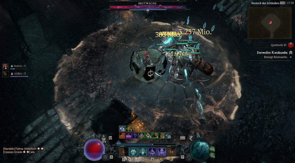 Diablo 4 Totenbeschwörer Frost-Lich Build Bosskampf-Screenshot auf Qualstufe XI mit der Brutwache im Versteck des Schänders deren hellblaue Stagger-Leiste sofort erscheint.