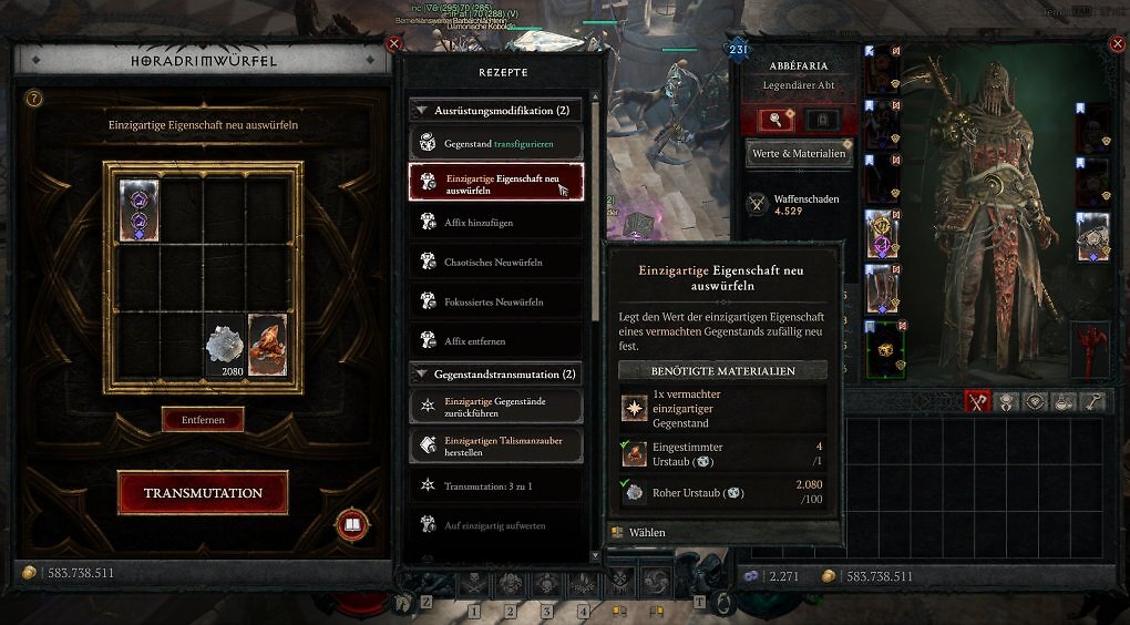 Diablo 4 Horadrimwürfel Menü-Screenshot mit Rezept Einzigartige Eigenschaft neu auswürfeln.