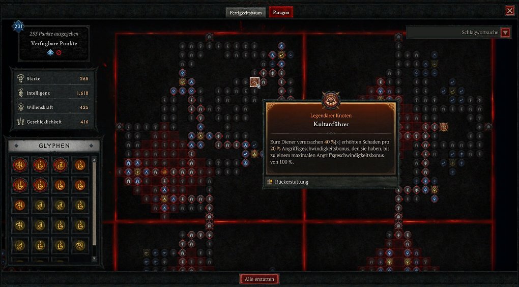 Diablo 4 Paragonbrett Menü-Screenshot mit ausgewähltem legendären Knoten Kultanführer und Tooltip zur Schadens-Skalierung durch Angriffsgeschwindigkeit für den Totenbeschwörer.