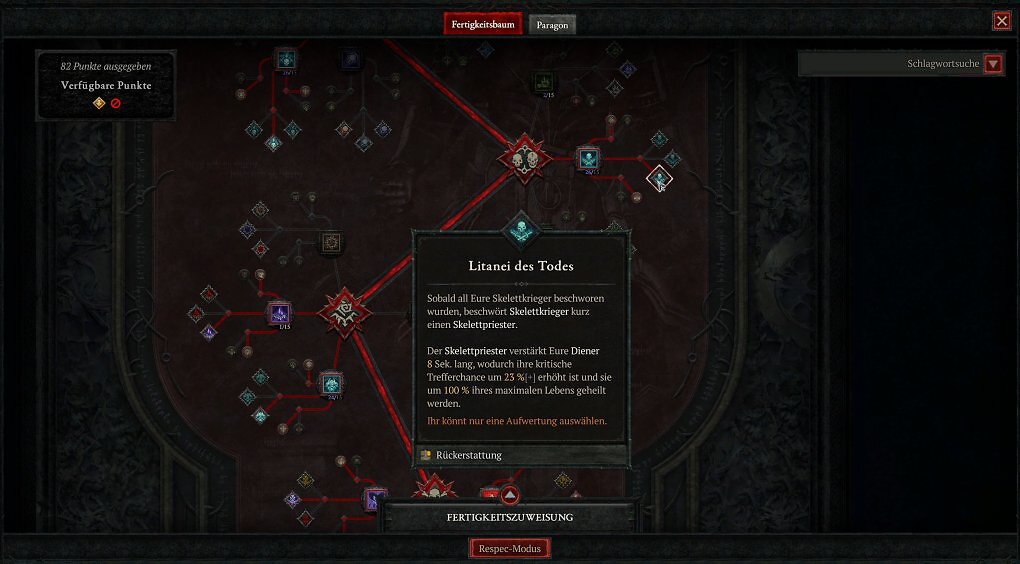 Diablo 4 Fertigkeitsbaum Menü-Screenshot mit ausgewähltem passiven Talent Litanei des Todes und Tooltip zum Skelettpriester-Buff für den Totenbeschwörer Frost-Lich Build.