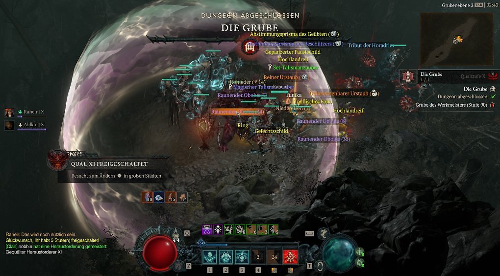 Diablo 4 Die Grube des Werkmeisters Dungeon abgeschlossen Screenshot mit Freischaltung von Qual XI, Beute am Boden wie Set-Talismanzauber und Tribut der Horadrim in der Erweiterung Lord of Hatred.