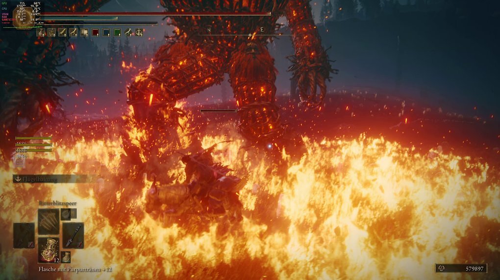 Da brennt die Dampfmaschine: Bei diesem Angriff klappt die Framerate in Elden Ring auf 40 Fps zusammen - in 1080p.