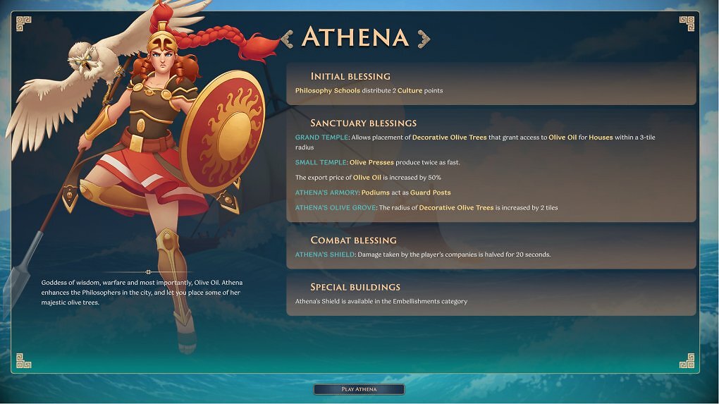 Bauen wir unsere Stadt zu Ehren von Göttin Athena, haben wir Zugriff auf verschiedene Boni und Verbesserungen.