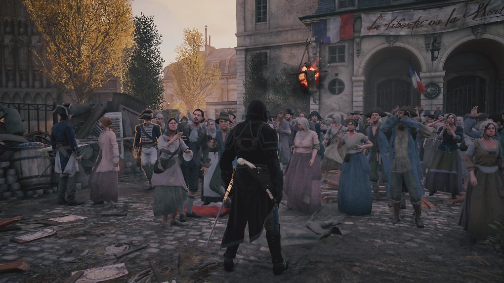 Wenn wir uns die französische Flagge und das Banner wegdenken, könnte so ein wütender Mob auch in Assassin's Creed Hexe unterwegs sein.