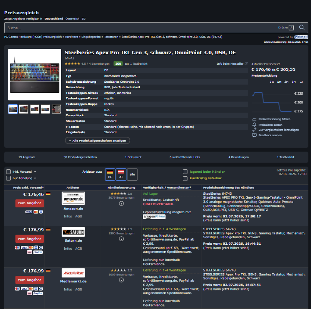 PCGH-Preisvergleich zur Steelseries Apex Pro TKL Gen3 (Stand: 02.07.2026)