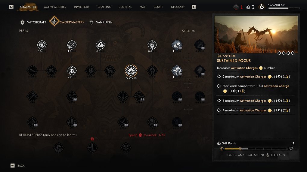 Hier zu sehen: der Skilltree für den Schwertkampf. Es gibt dazu noch jeweils einen weiteren Baum für Magie und die Vampirkräfte.