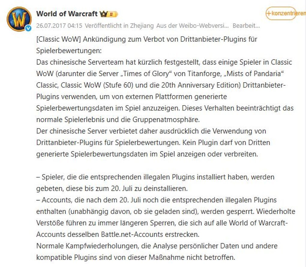 Die Betreiber von WoW in China nehme drastische Maßnahmen gegen Spieler vor, die nach dem 20. Juli 2026 weiterhin Addons zur Bewertung von Spieler nutzen.