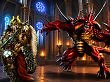 Ein düsteres 16:9-Wallpaper im klassischen Diablo 2 CGI-Stil. Auf der linken Seite steht ein mächtiger Barbar in goldener Rüstung mit Stierhörner-Helm, Skelettmaske und Krummsäbel in einer bläulich erleuchteten, gotischen Kathedrale. Auf der rechten Seite posiert der rote Dämon Diablo inmitten von Flammen. Die Mitte des Hintergrunds zeigt saubere, unaufgeregte Steinsäulen.