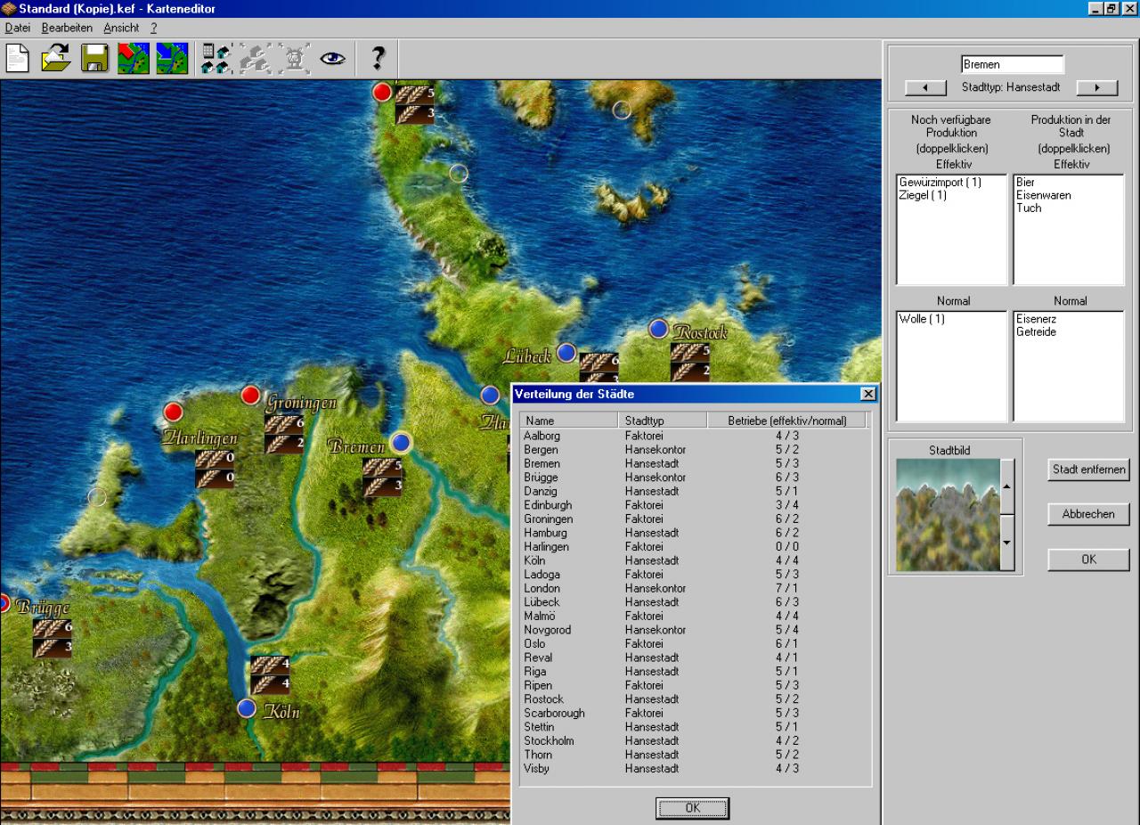 [26/11/2001] Mit dem Editor können Sie auf der Karte neue Städte schaffen und Produktionsketten ändern.
