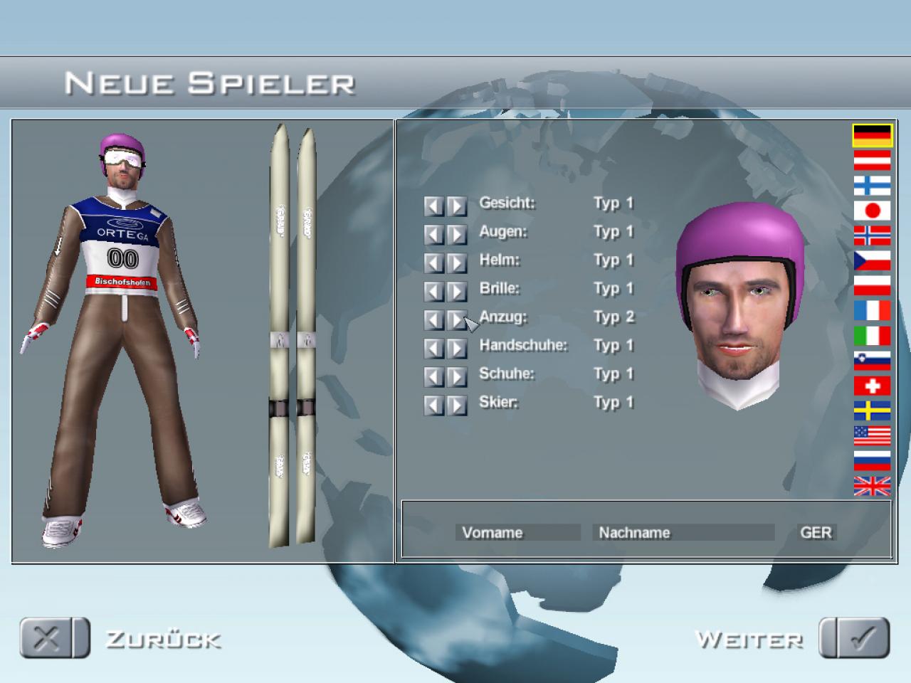 [26/11/2001] Für den Karrieremodus können Sie sich Ihren eigenen Springer erstellen und zu Weltcup-Ehren führen.