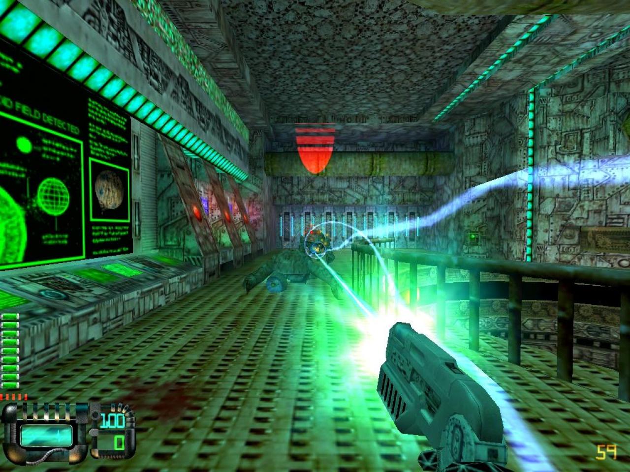 [26/11/2001] DA SIEHT MAN, WAS MAN HAT Trotz der veralteten Grafikengine überzeugen die Lichteffekte in Gunman. Besonders bei Laserwaffen werden die diversen Waffenmodi durch verschiedene optische Gimmicks deutlich.