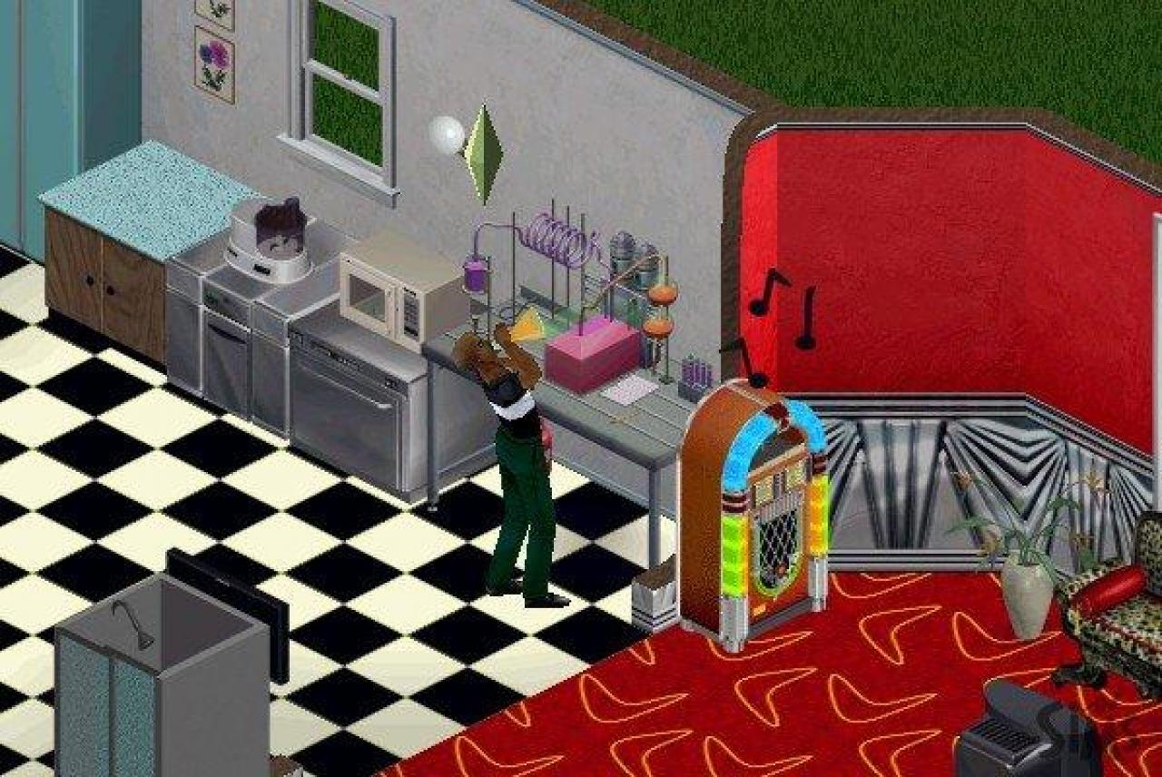 [26/11/2001] Forschung und Technik Dieser Sim hat sich gerade mit seinem Chemiebaukasten einen Drink gemixt. Hoffentlich geht das gut...