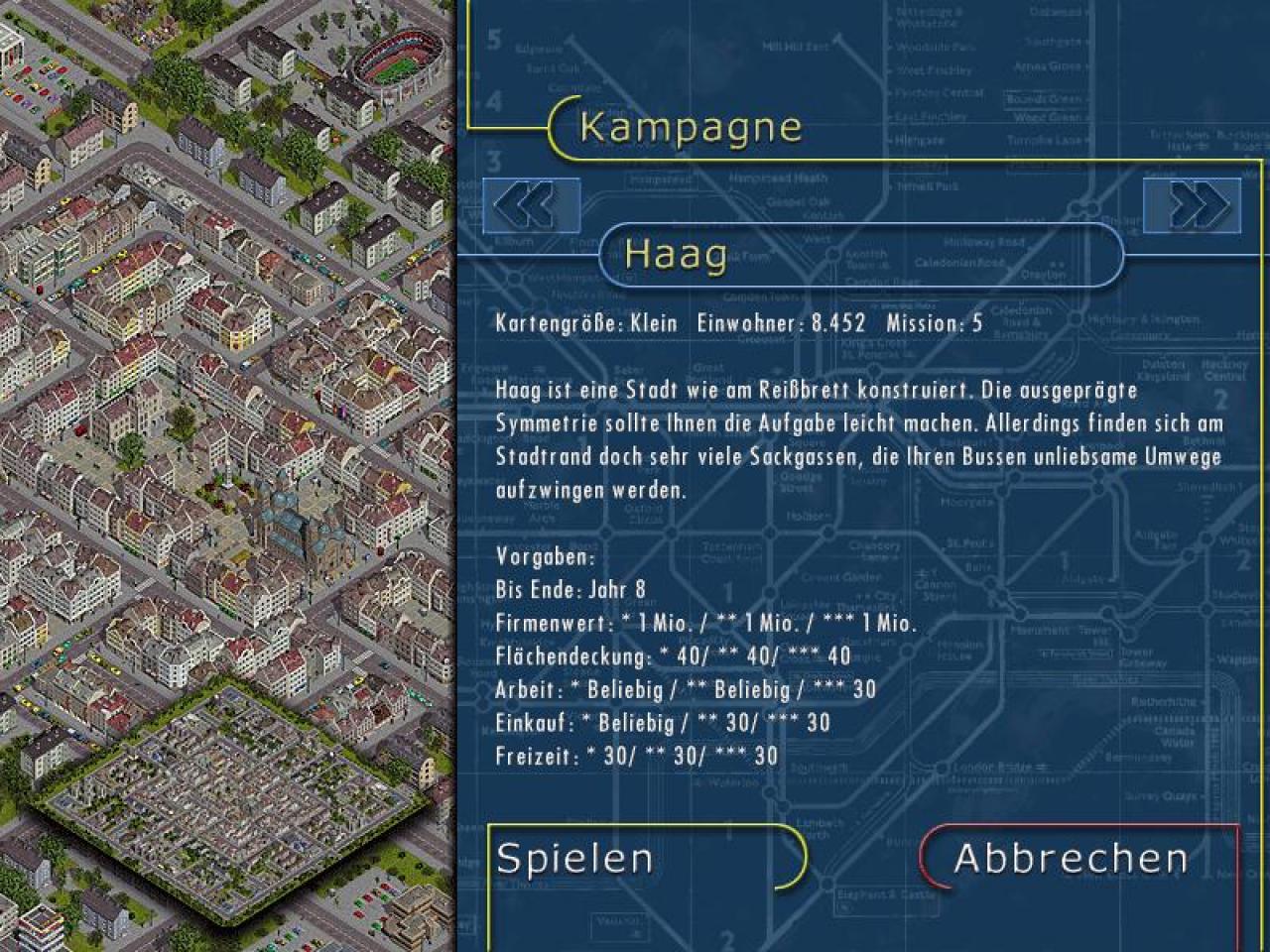 [26/11/2001] STARTSCHUSS Vor jeder Mission werden Sie über Ihre Aufgabe aufgeklärt. In diesem Fall sollen Sie unter anderem 30% der Bevölkerung zu den Freizeiteinrichtungen transportieren.