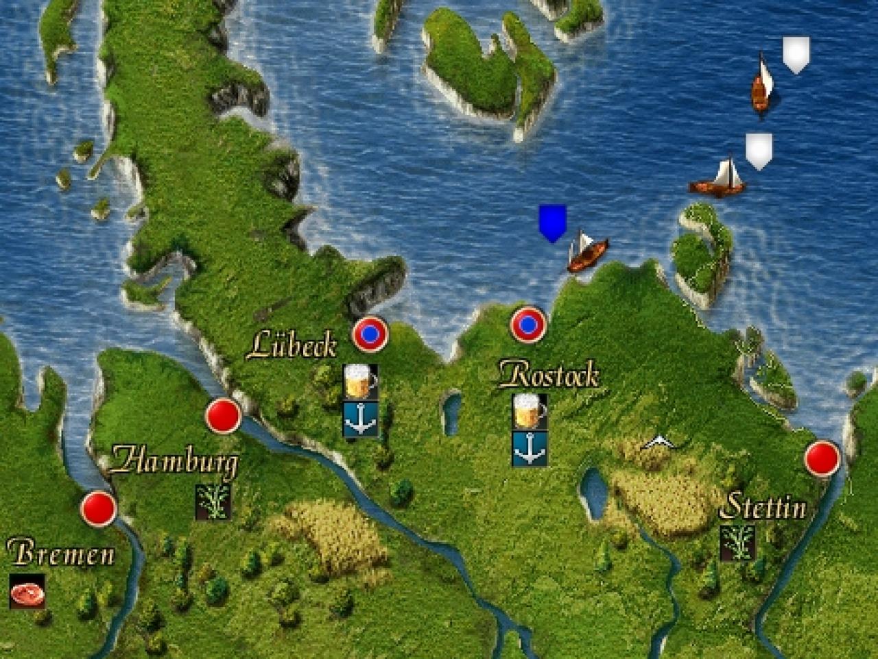 [26/11/2001] Kein Bier in Rostock. Die Symbole bei den Städten zeigen an, welche Waren gefragt sind.