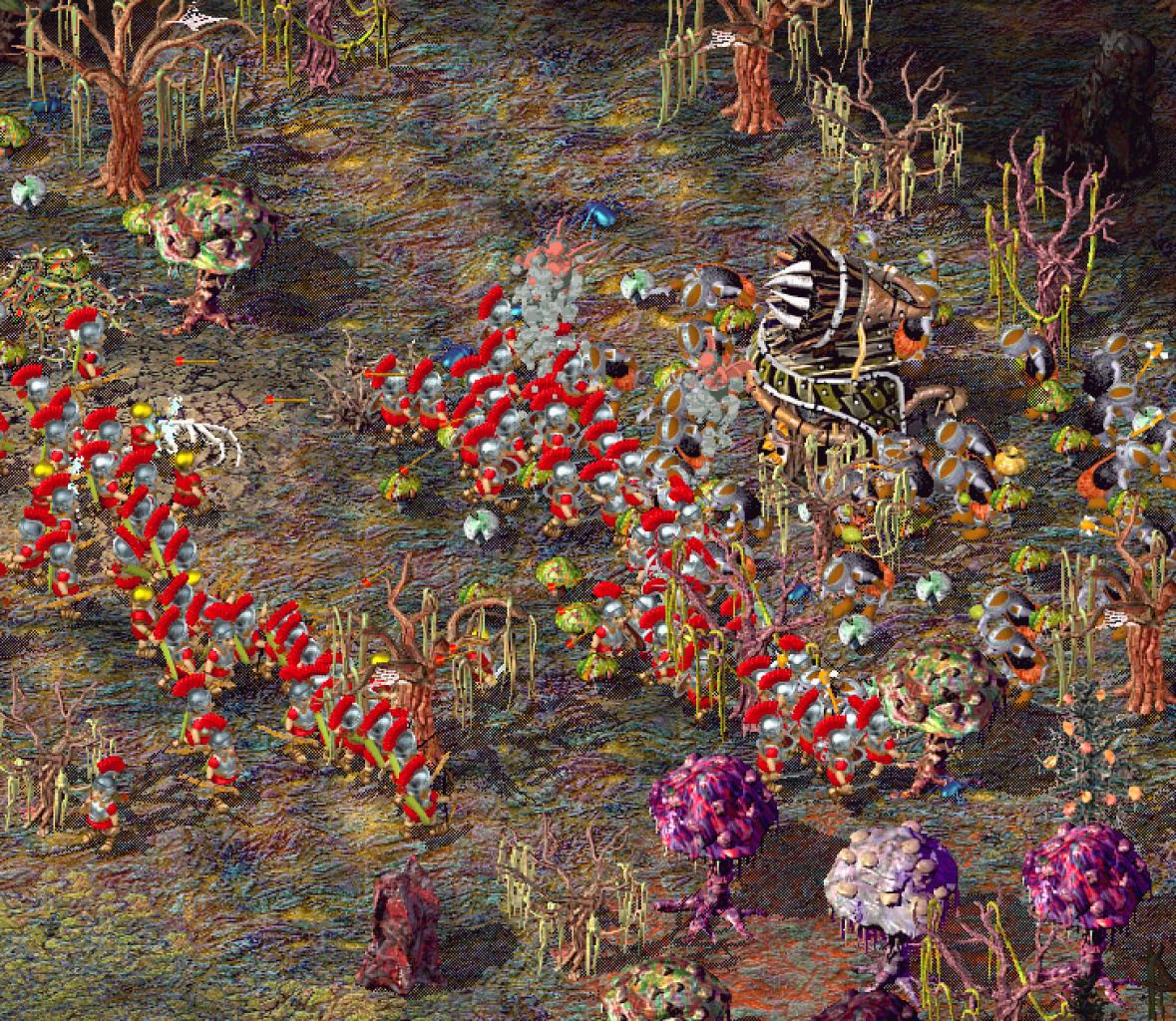 [26/11/2001] Der aus dem Vorgänger berüchtigte Siedler-Rush ist auch im vierten Teil die effektivste Taktik. Einer hundert Mann starken Elite-Truppe hat selbst das Dunkle Volk nichts entgegenzusetzen.