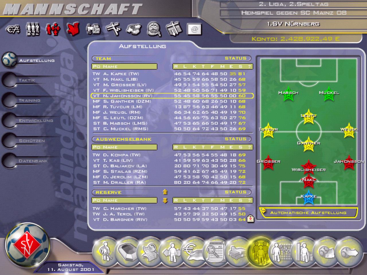 [26/11/2001] Anders als in Anstoß 3 können Sie die Spieler nicht stufenlos verschieben.