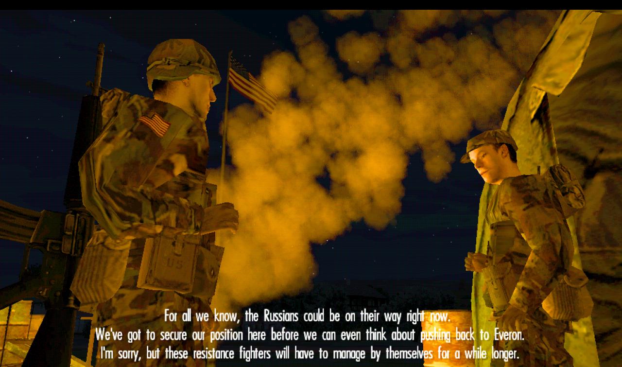 [26/11/2001] Zwischensequenzen in der Spielgrafik treiben die Story voran. Der Kampf um Malden, Everon und Kolgujev bleibt bis zum Schluss extrem spannend und die Helden wachsen einem richtig ans Herz.