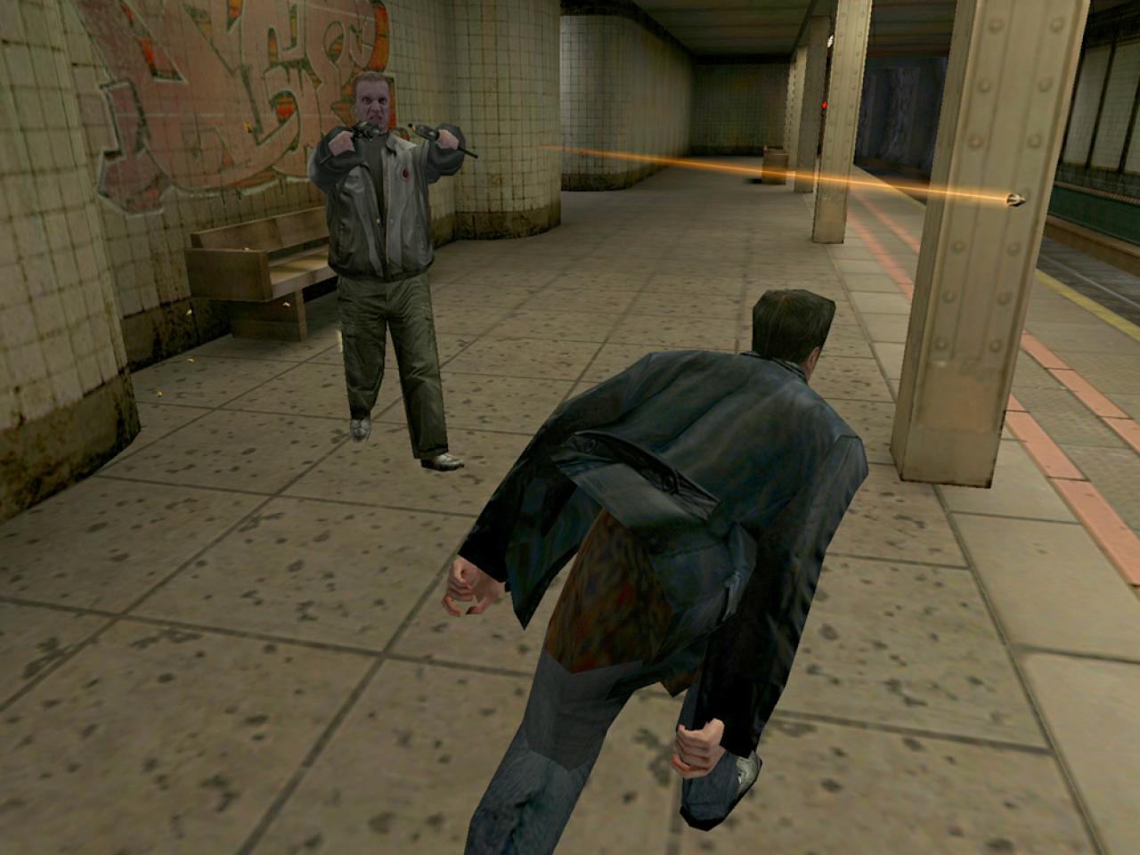[26/11/2001] Max setzt zum Bullet-Time-Ausweichmanöver an, um den gegnerischen Schüssen auszuweichen.