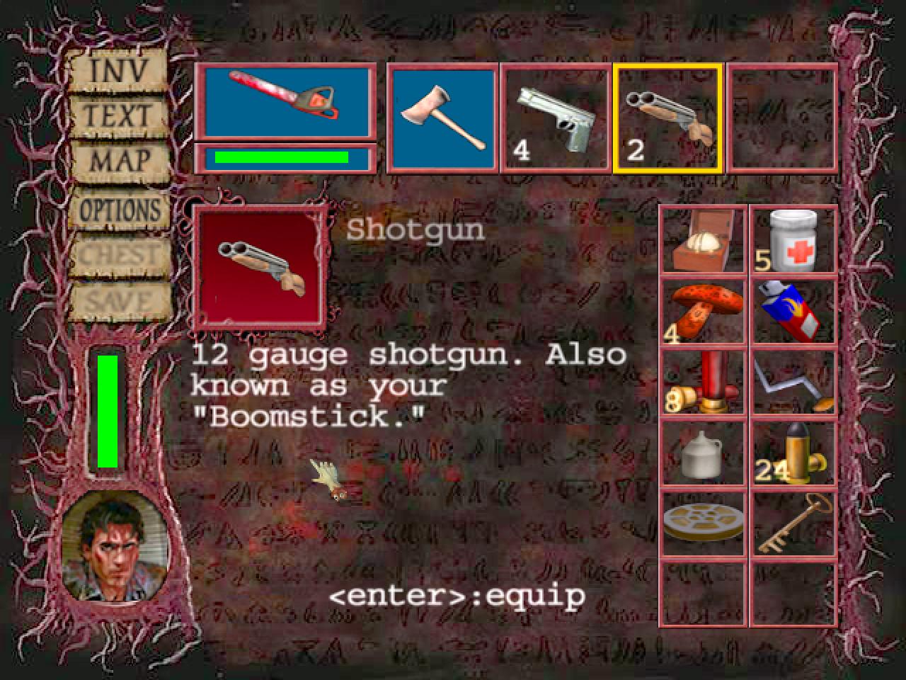 [26/11/2001] Die Standardbewaffnung von Ash ist auch im PC-Spiel: Kettensäge und "Boomstick" .