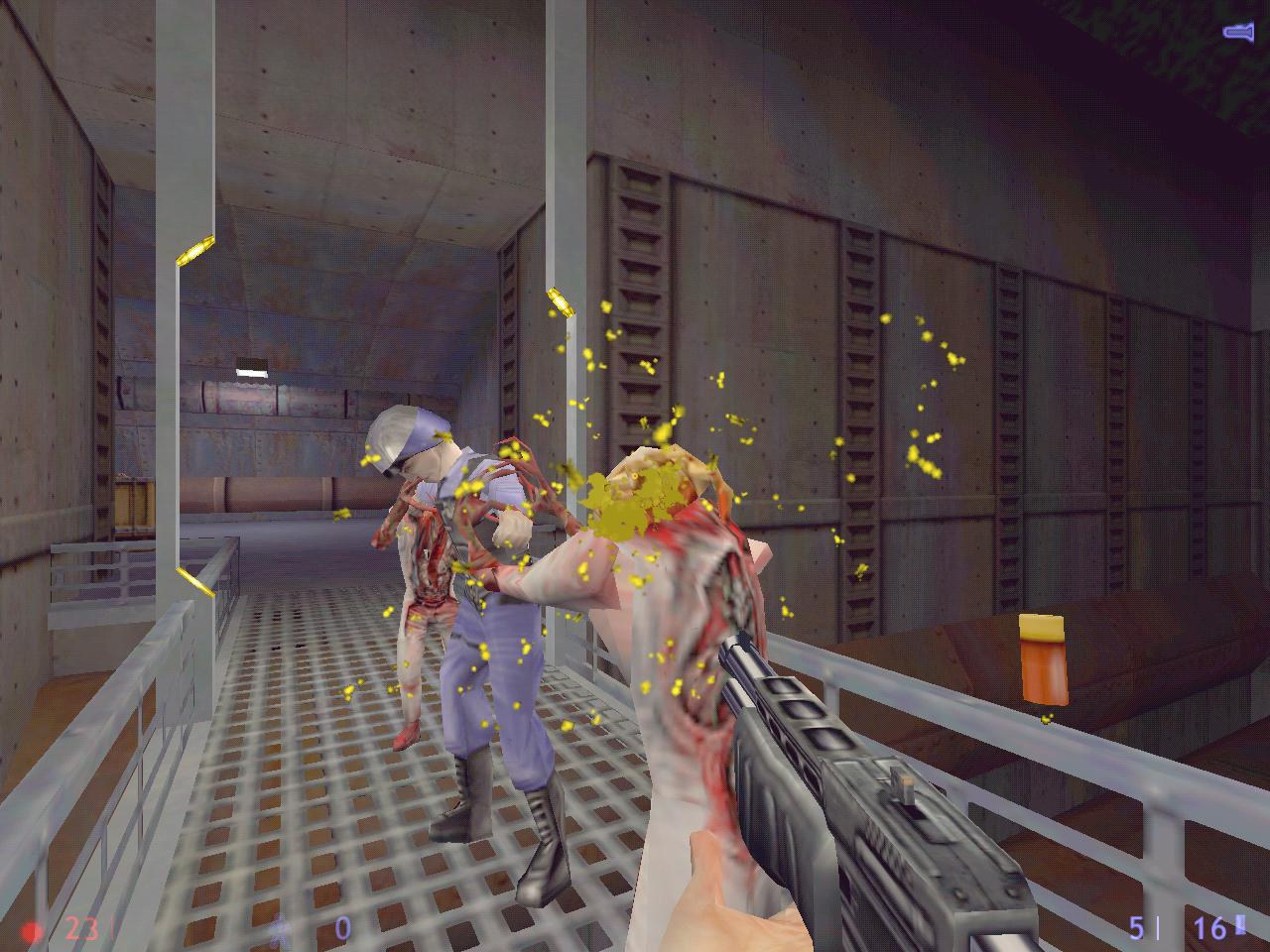 [26/11/2001] Die mutierten Wissenschaftler werfen unseren Kameraden gleich über das Geländer, eines von vielen "Scripted Events" im Spiel.