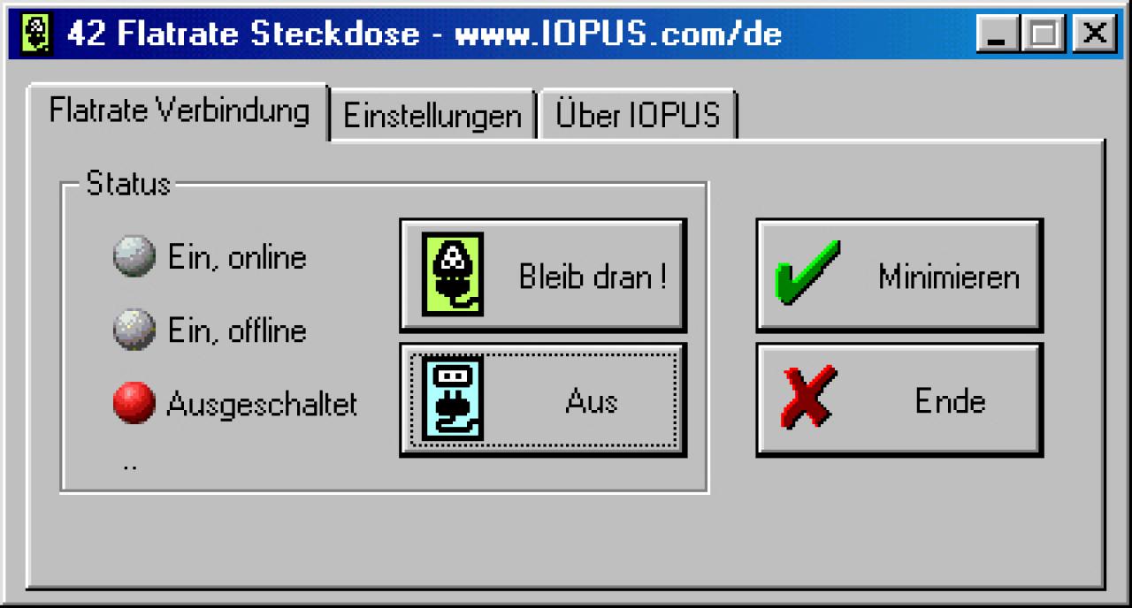 [26/11/2001] Das kleine Tool &rsquo;AC Plug&rsquo; von www.iopus.com verhindert den Verbindungsabbruch zu Ihrem Internetprovider, wenn Sie eine Flatrate benutzen.