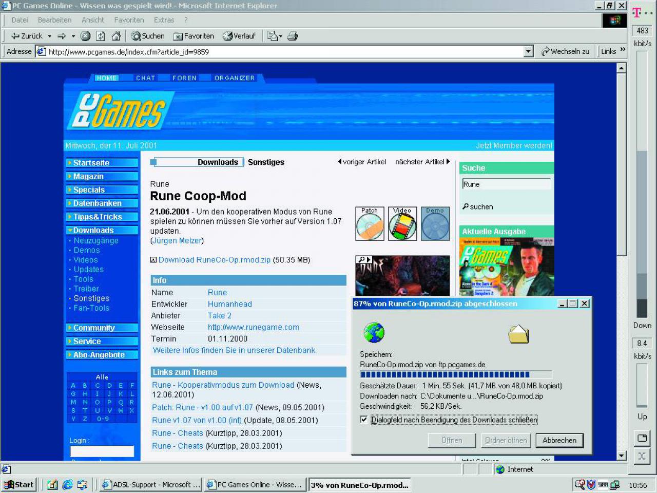 [26/11/2001] Die aktuellsten Spiele-Updates laden Sie mit DSL in Minutenschnelle von der PC-Games-Webseite herunter. Rechts im Bild: der T-DSL Speedmanager.