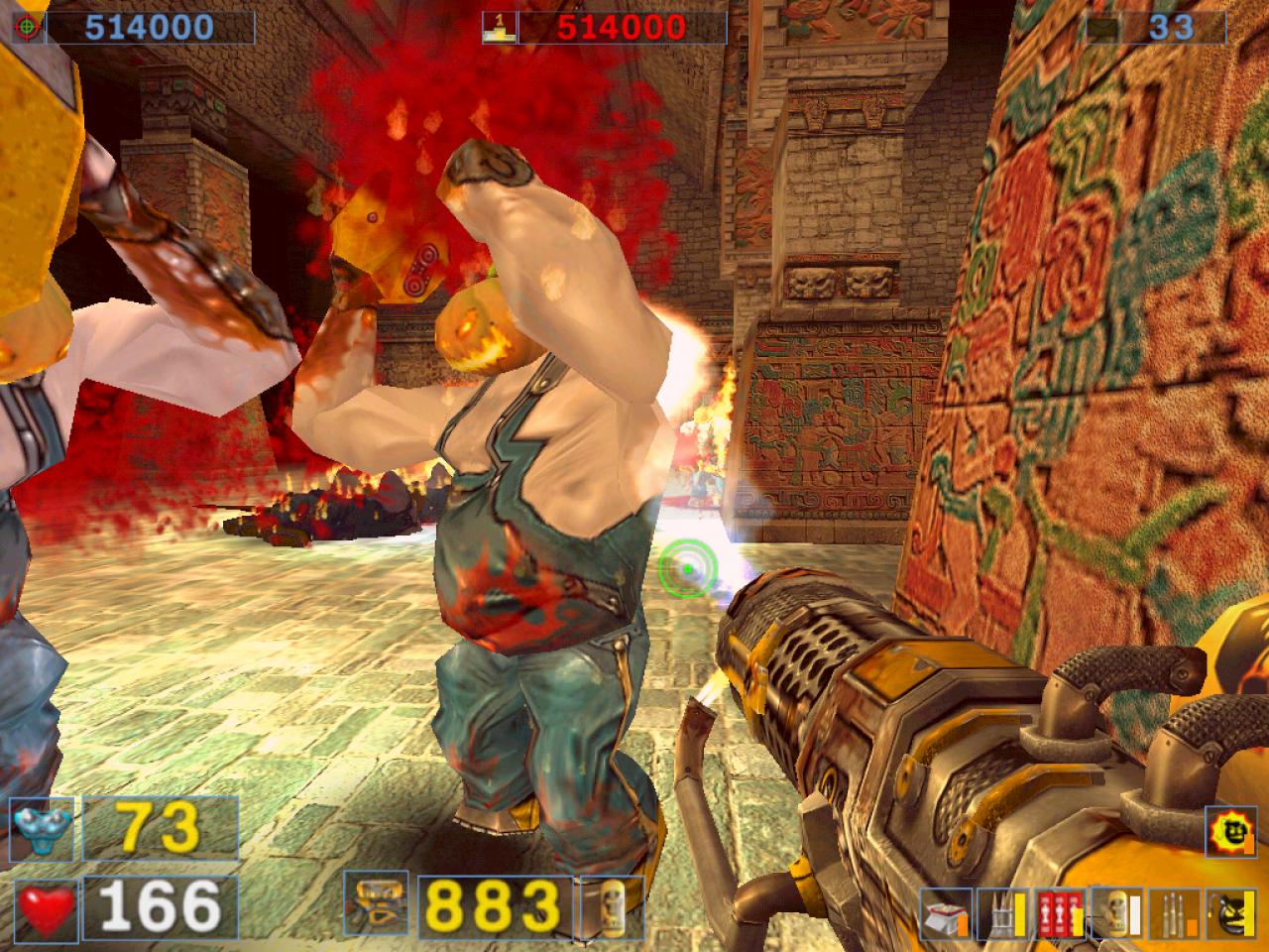[14/01/2002] Unterm Pixelblut versteckt ist die Kettensäge, die dieser Gegner gegen den Spieler schwingt.