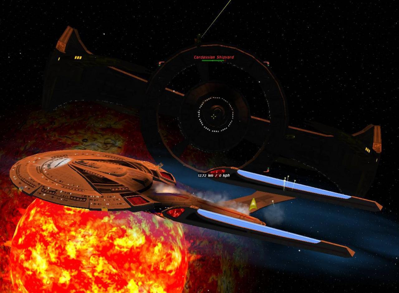 [10/03/2002] Auch für einen Kreuzer der Sovereign-Klasse ist so eine Cardassianische Raumstation ein hartes Stück Arbeit.