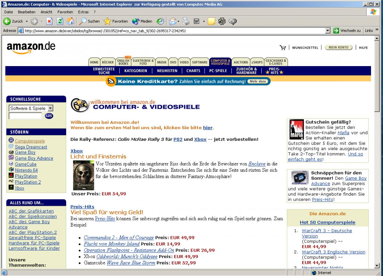 [26/08/2002] Bequem einkaufen: Eine wahre Fundgrube: In der Spielesektion von Amazon.de gibt es neben Neuerscheinungen auch Raritäten aus zweiter Hand.