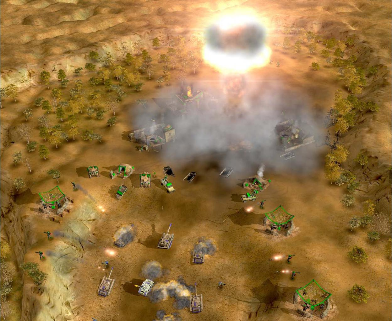 [25/09/2002] Das erwähnte Command & Conquer - Generäle bietet bombastische Explosionen. Hier zu sehen: Eine Atomrakete in einer Zwischensequenz. Erwähnen darf man auch den SCUD-Sturm der GBA und die Ionen-Kanone der USA, die die Map zum Beben brachten.