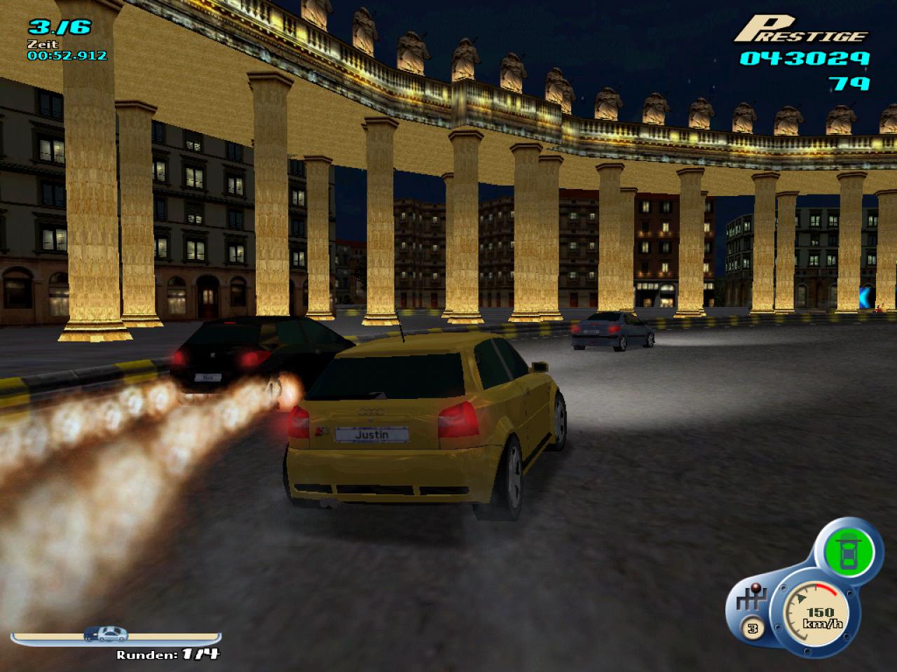 [08/05/2003] Mit dem entsprechenden Bonus-Gegenstand kann man deutlich schneller fahren - zu erkennen an dem Qualm hinter dem Auto links. 