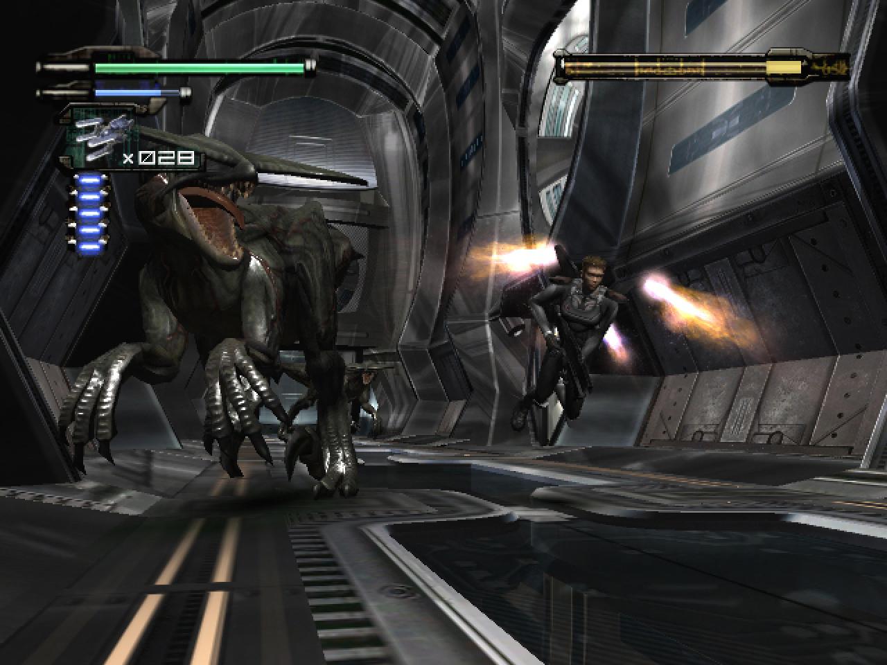 [01/08/2003] (2003) Dinos lost in Space? Richtig. In Dino Crisis 3 schickten Sie auf einem Raumkreuzer haufenweise Reptilien in die ewigen Jagdgründe. Das ungewöhliche Setting stoß viele Fans ab, die katastrophale Kameraführung katapulierte den Ableger in untere Wertungsregionen. Dino Crisis 3 war für PS2 und Xbox angekündigt, erschien aber nur auf Microsofts Konsole.