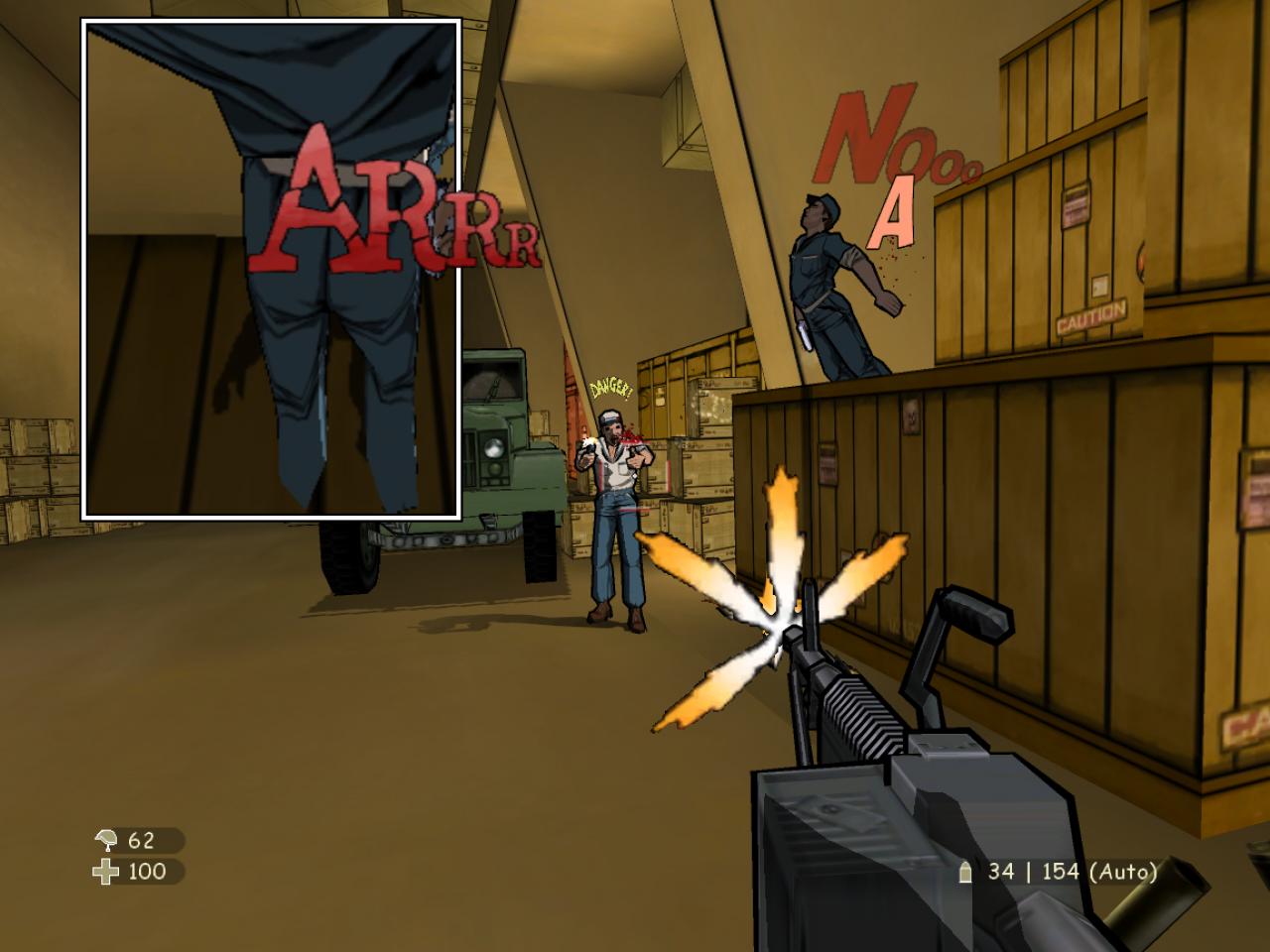 [28/11/2003] Schriftzüge wie Arrrr oder Nooo lassen Comic-Atmosphäre aufkommen. Eingeblendete Standbilder links oben vertiefen diesen Eindruck.