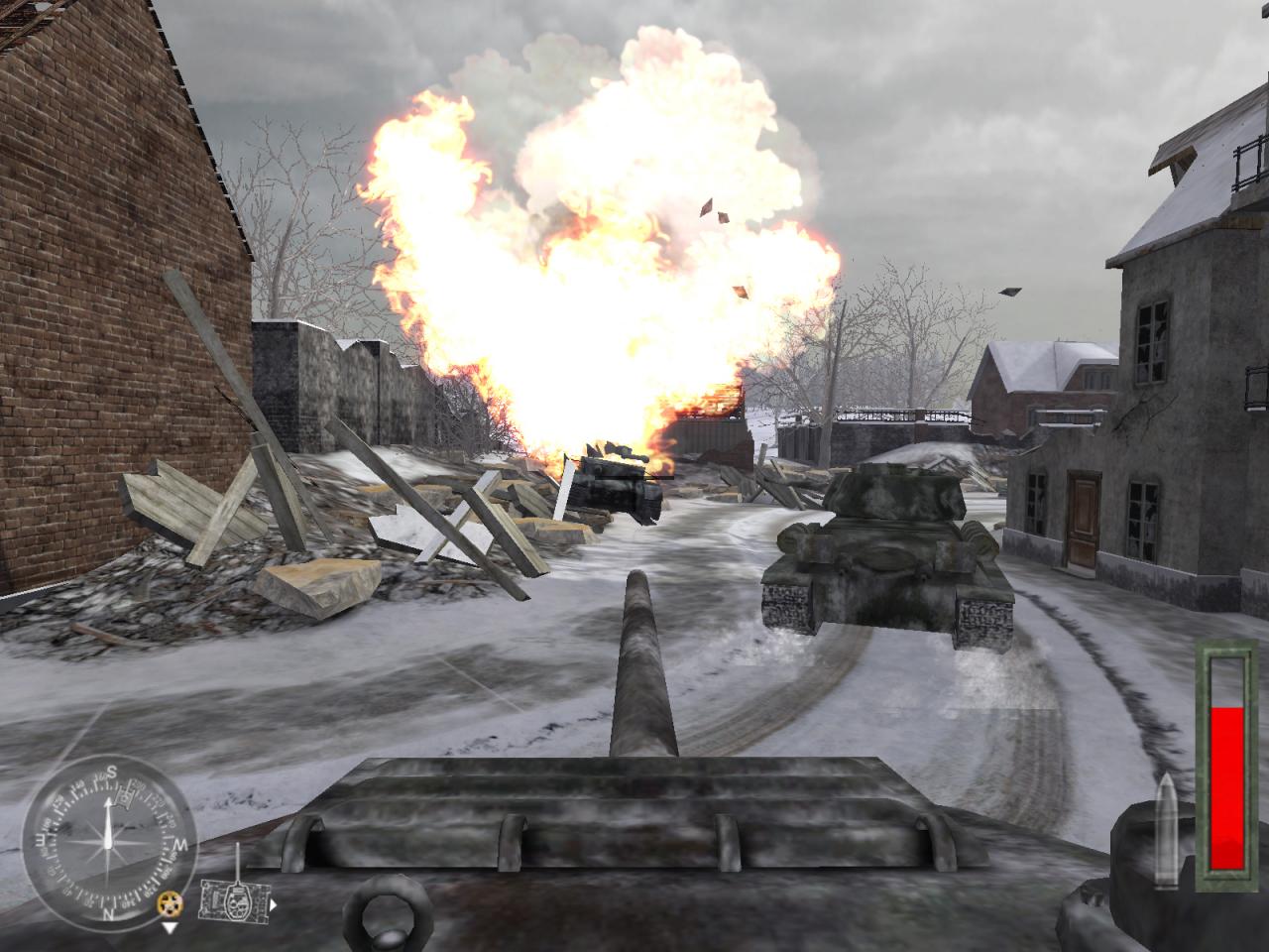 Panzerlauf aus der Egoperspektive und zerstörter Panzer davor