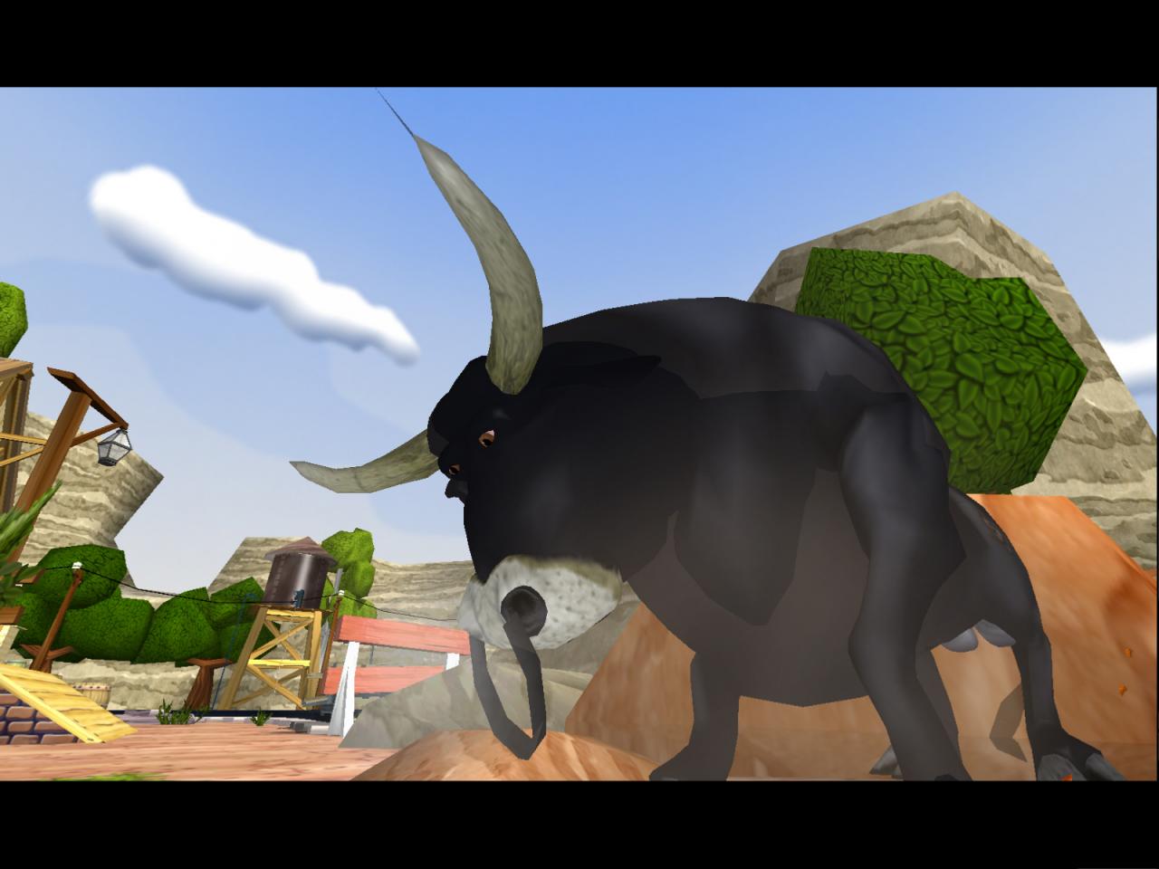 [12/03/2004] Dieser grimmige Stier (1) hilft uns , eine Gefängnismauerzu demolieren. Er geht sofort auf das rote Torero-Cape (2) los, Fenny weicht aus und die Wand ist hinüber (3).