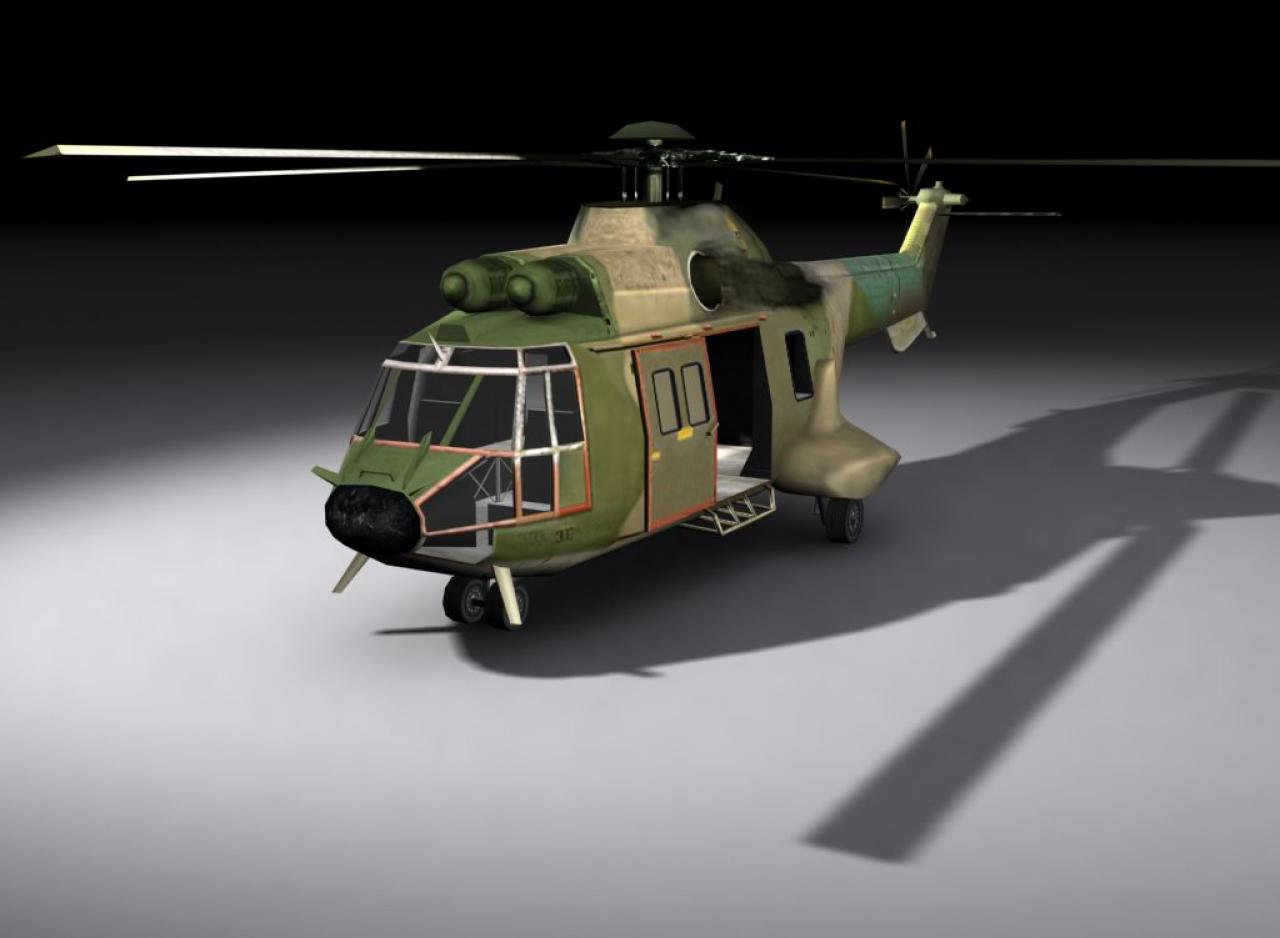 [28/06/2004] Super Puma (Rebellen): Von Größe, Geschwindigkeit und Aufgaben her ist der Super Puma mit dem Black Hawk vergleichbar. 