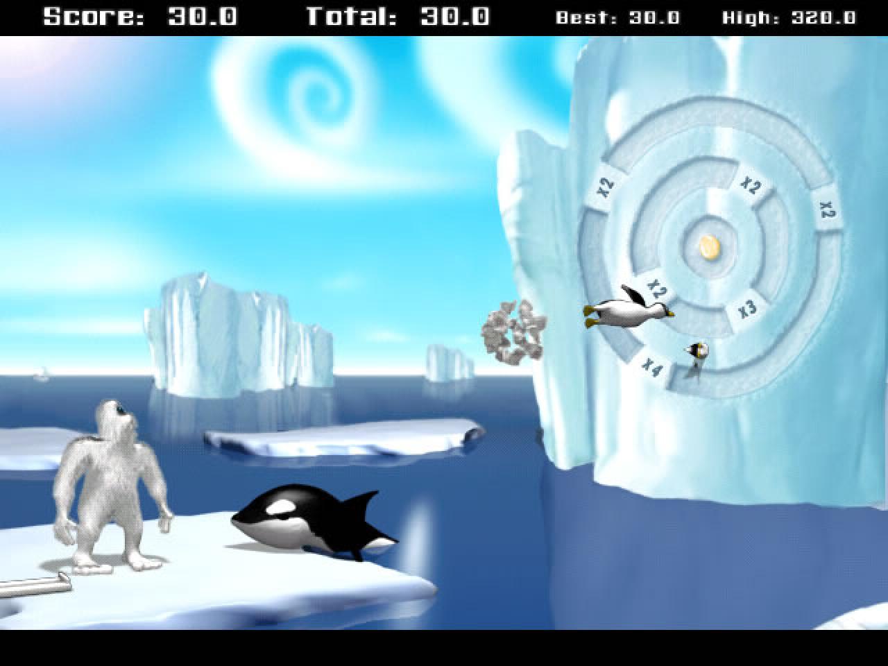 [09/07/2004] Beim "Pinguin-Zielschießen" hämmern Sie die Frackträger mit einem Schneeball an die Wand.