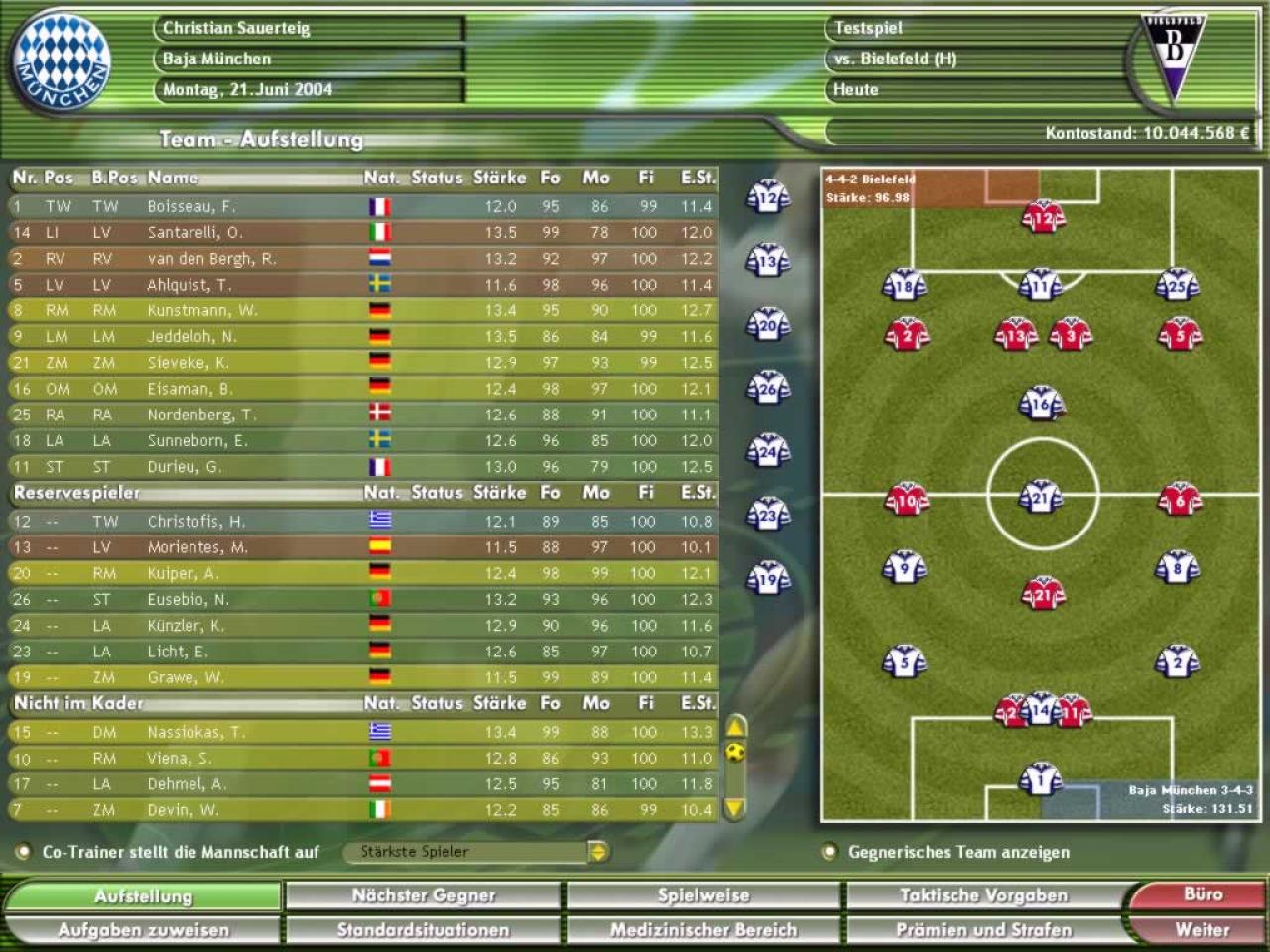 [16/07/2004] Das Trainingsmenü präsentiert sich im bekannten Look von Fußballmanager 2004 und Co.