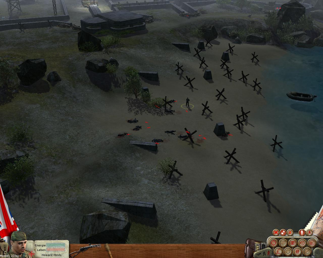 [06/07/2004] Landung am Strand: Auf Knopfdruck werden die einsammelbaren Waffen rot eingeblendet. 
