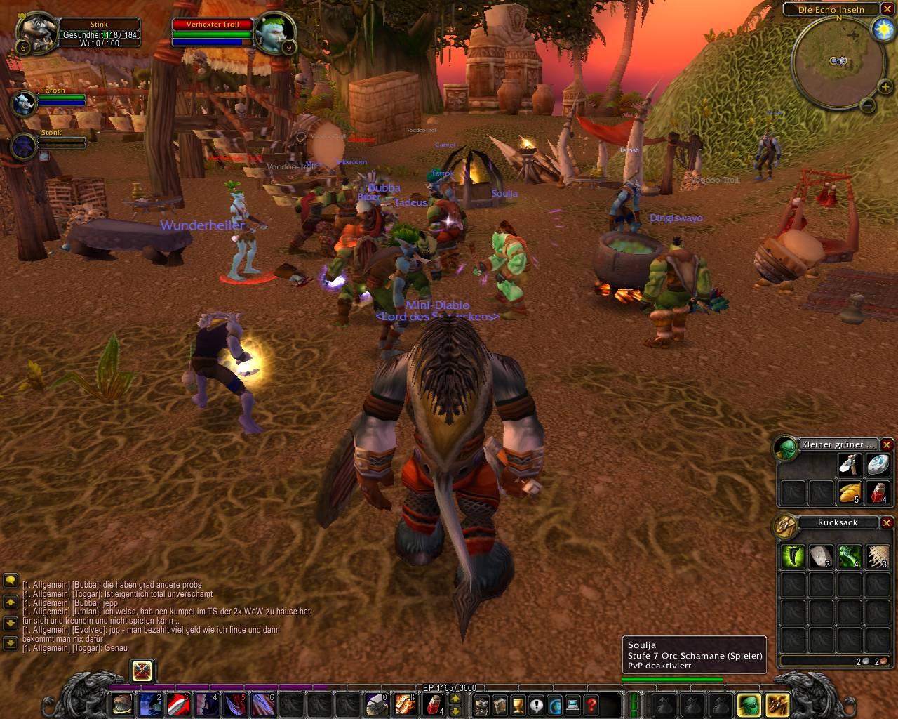 [12/02/2005] Alleine spielen - Zu Beginn werden Sie öfters alleine unterwegs sein. Einfach, weil viele Spieler schon höhere Levels haben. Aber im Lauf der Zeit sollten Sie sich Gruppen suchen und gemeinsam mit anderen Spielern durch Azeroth ziehen. Zum einen, weil Solo-Spielern vieles verborgen bleibt, aber auch weil World of Warcraft gemeinsam am meisten Spaß macht. Immerhin ist es auch ein Massively Multiplayer Online Role-Playing Game.